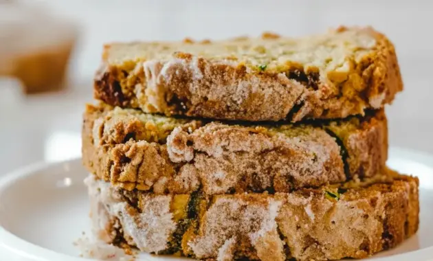 Loaf of Snickerdoodle Zucchini Bread on a wooden board, topped with a cinnamon-sugar Snickerdoodle Topping For Zucchini Bread, sliced to show a moist crumb.