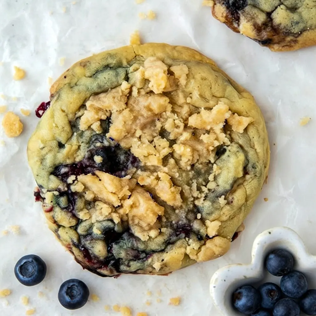 Thick Blueberry Muffin Cookies with golden streusel, jam pockets, and plump blueberries on parchment — close-up of a chewy, bakery-style cookie.