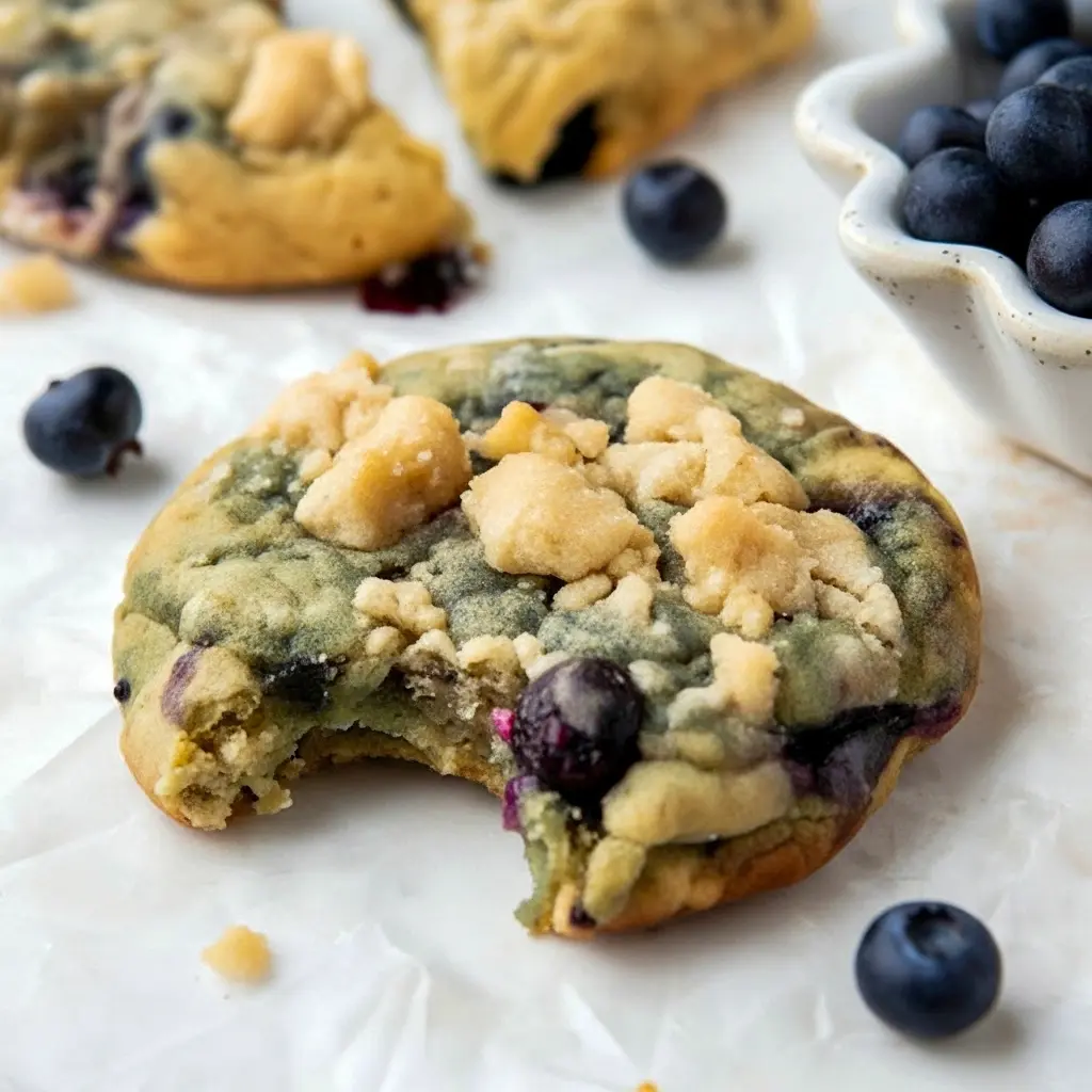 Thick Blueberry Muffin Cookies with golden streusel, jam pockets, and plump blueberries on parchment — close-up of a chewy, bakery-style cookie.