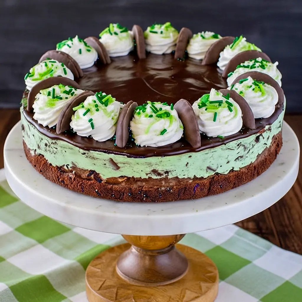 Desserts To Make — close-up of a slice of Thin Mint Cheesecake showing a mint-green cheesecake layer over a chewy brownie crust, glossy chocolate topping, and chopped mint-cookie garnish.