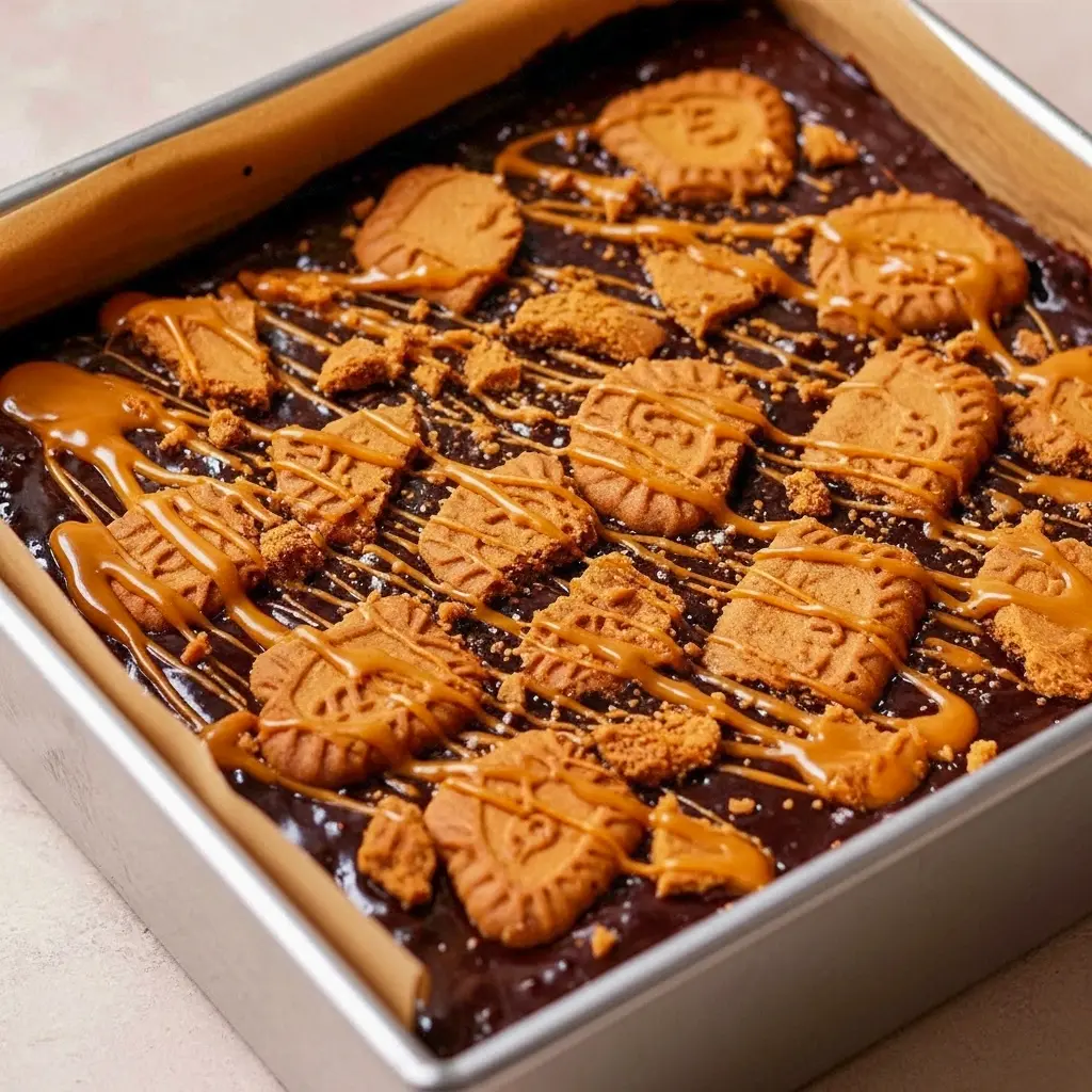 Biscoff Cookie Butter Brownies sliced into squares, revealing a rich chocolate layer, a creamy cookie-butter core, and crushed Biscoff cookies on top.