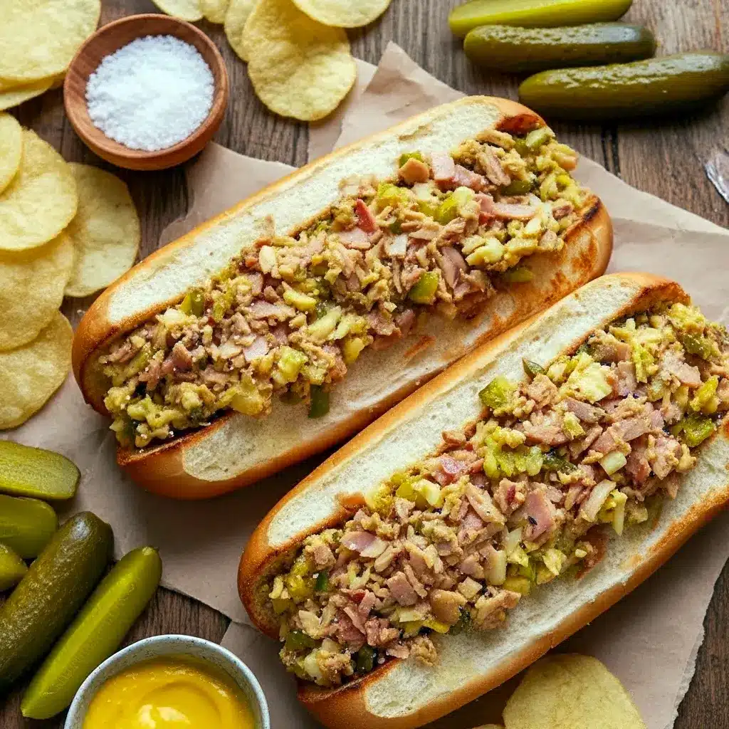 Ultimate Cuban Sandwich halved to show chopped pork, ham, Swiss, dill pickles and mustard inside a toasted garlicky roll.