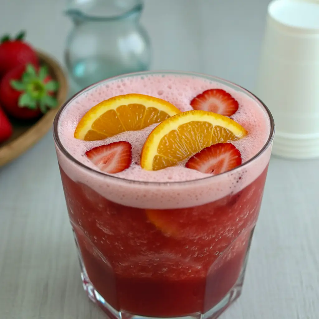 Bowl of icy Slush Punch with citrus slices and a ladle, showing pink, frothy slush and sparkling soda bubbles.