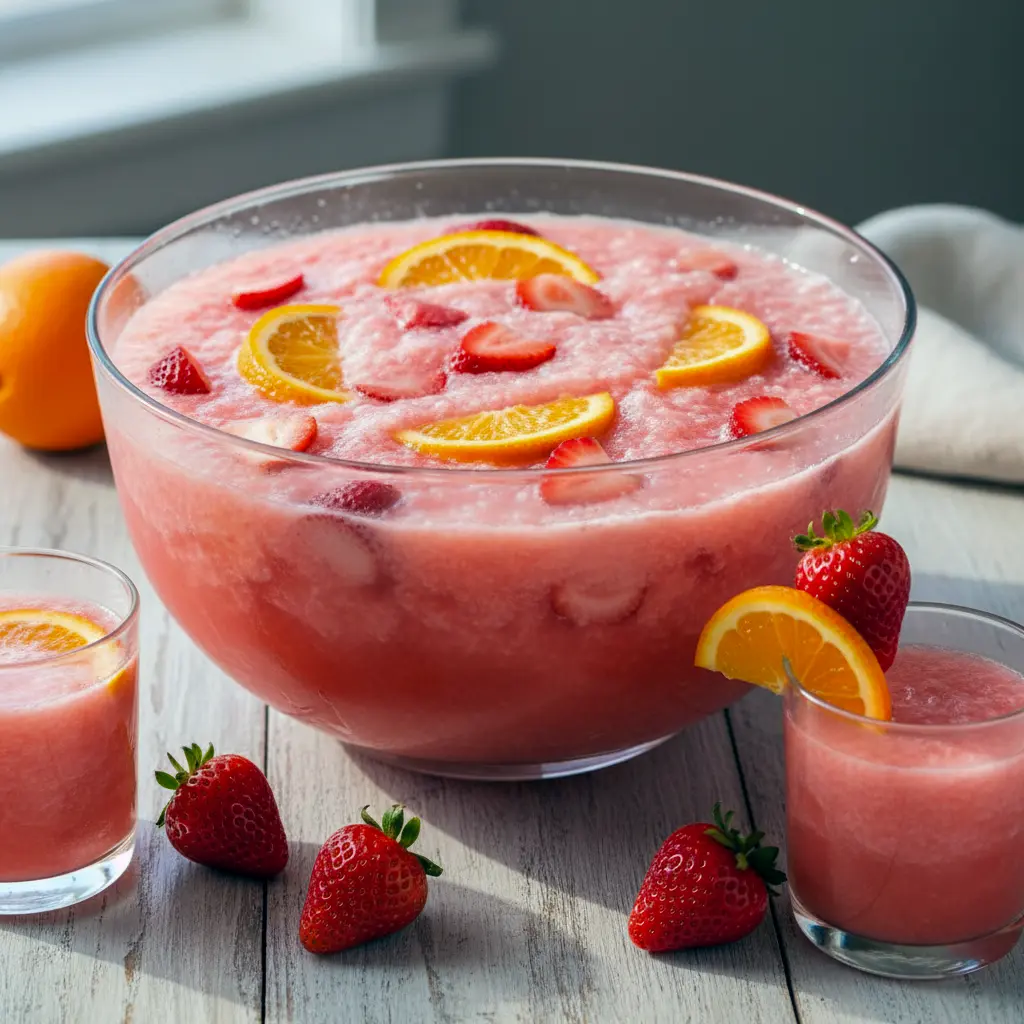 Bowl of icy Slush Punch with citrus slices and a ladle, showing pink, frothy slush and sparkling soda bubbles.