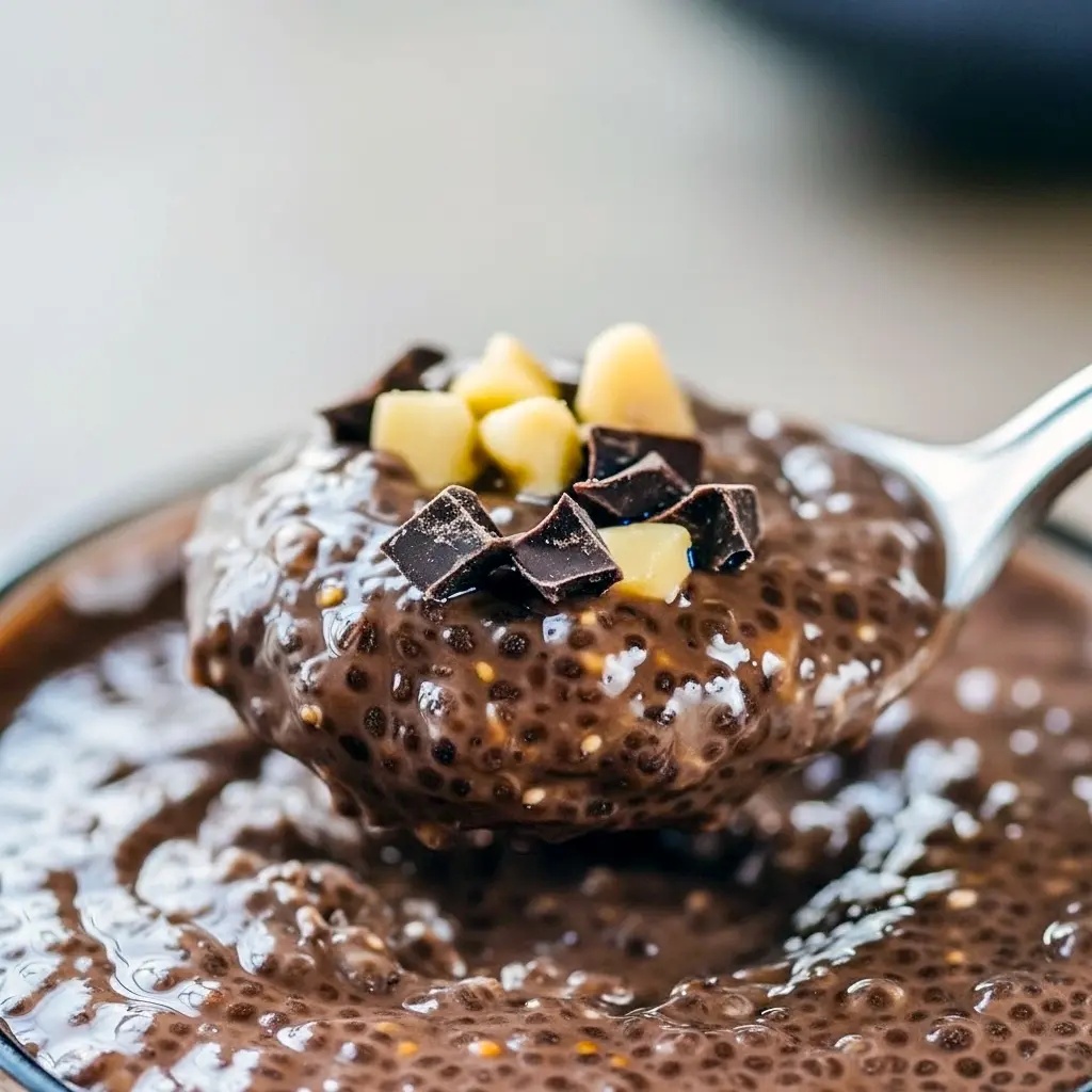 Chocolate Chia Pudding in a glass jar topped with raspberries and toasted almonds, creamy chocolate pudding texture visible.