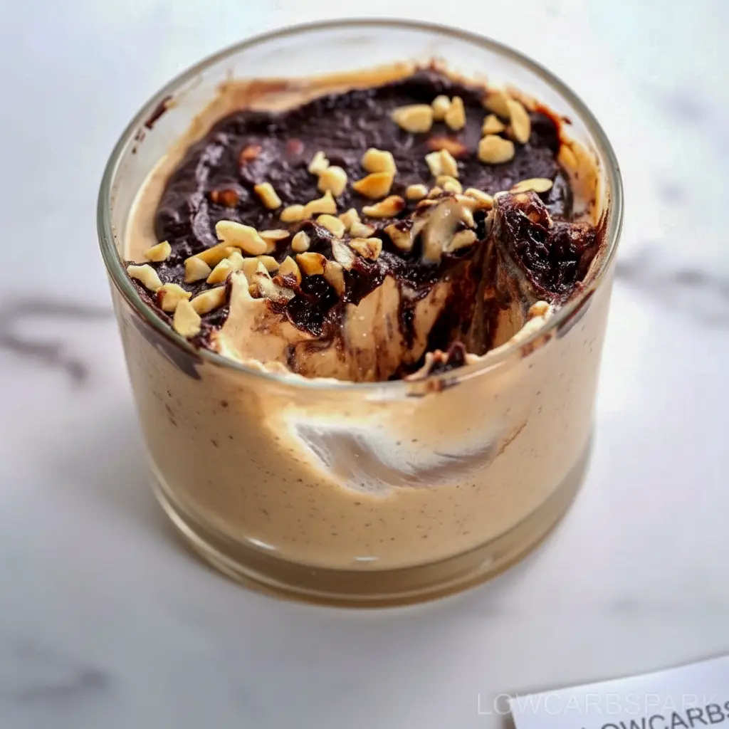 Jar of Cottage Cheese Peanut Butter Mousse drizzled with dark chocolate and chopped peanuts — a simple High Protein Desserts snack.