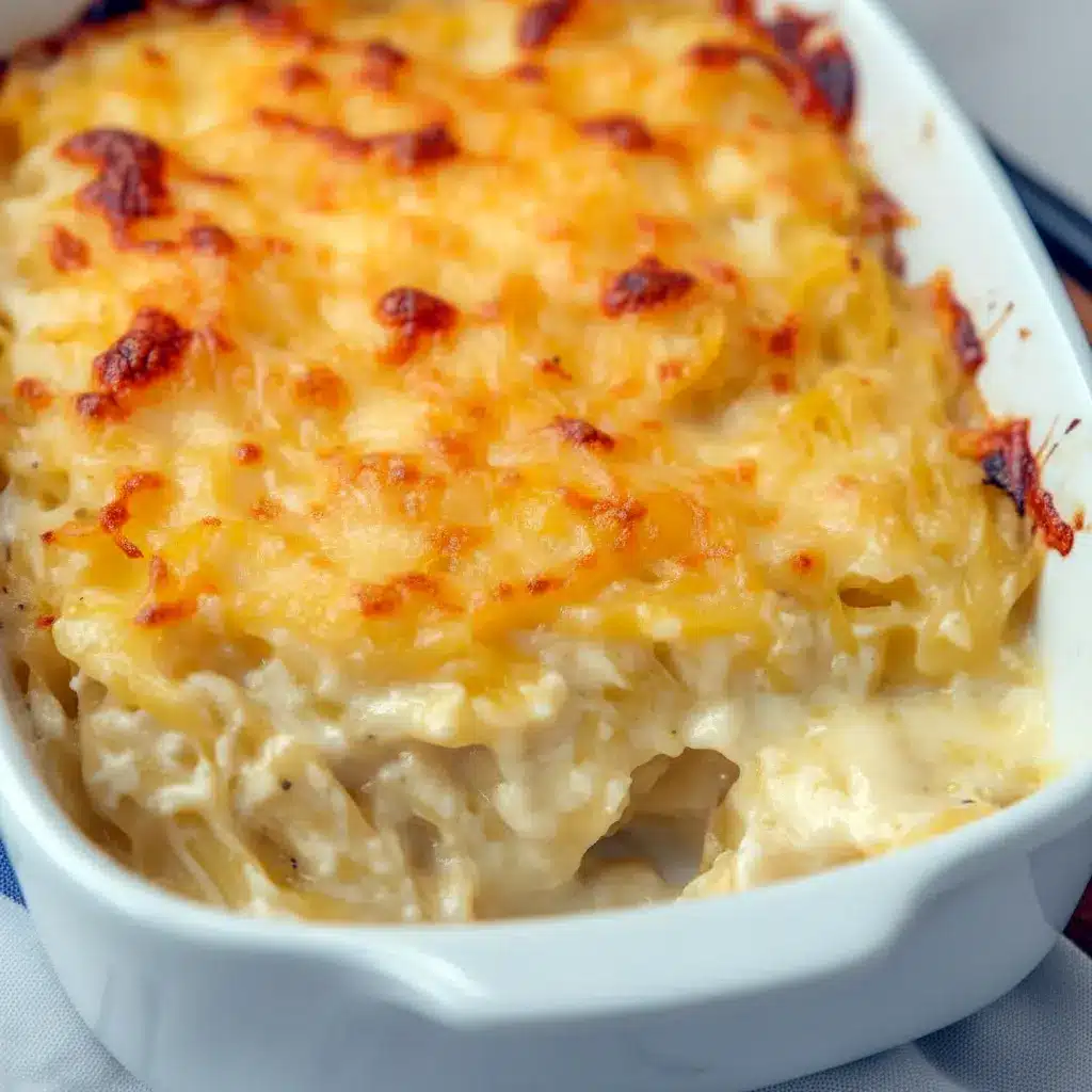 Golden slice of Spaghetti Squash Au Gratin with melted mozzarella and a crisp Parmesan crust, plated and ready to serve.