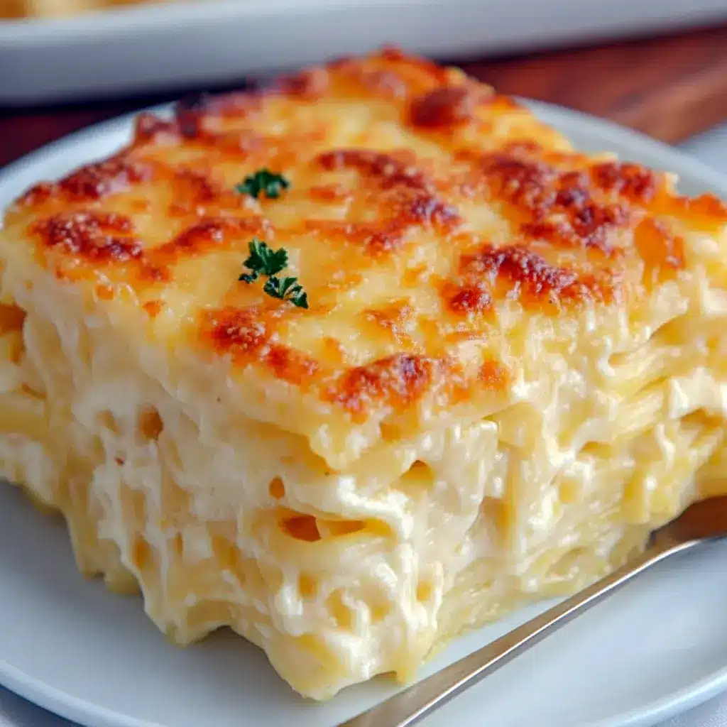 Golden slice of Spaghetti Squash Au Gratin with melted mozzarella and a crisp Parmesan crust, plated and ready to serve.