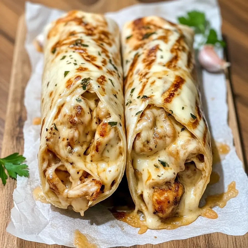 Close-up of Cheesy Garlic Chicken Wraps sliced open with melted cheese, garlic chicken filling, and golden crispy tortillas, styled as an easy Yummy Dinners idea.