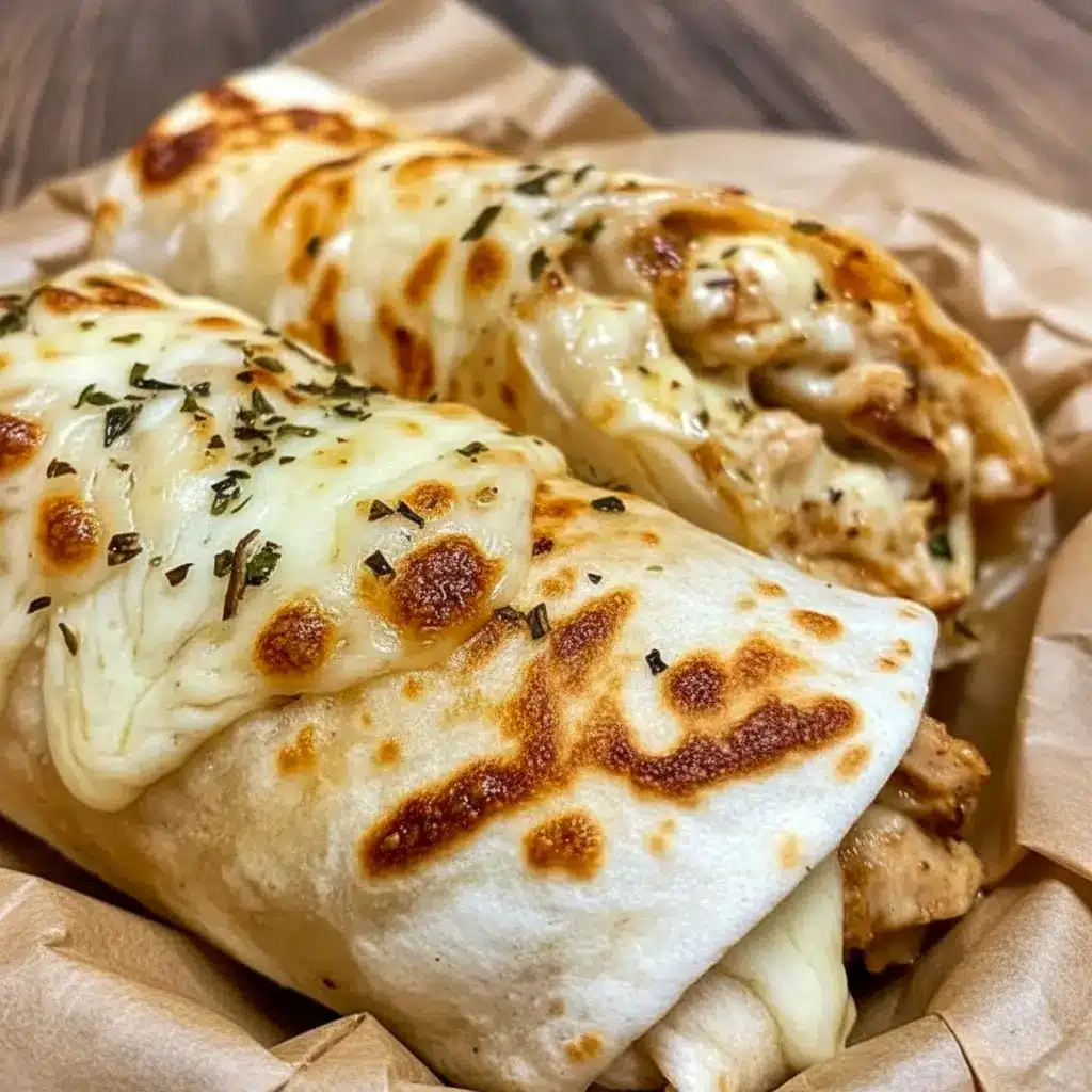 Close-up of Cheesy Garlic Chicken Wraps sliced open with melted cheese, garlic chicken filling, and golden crispy tortillas, styled as an easy Yummy Dinners idea.