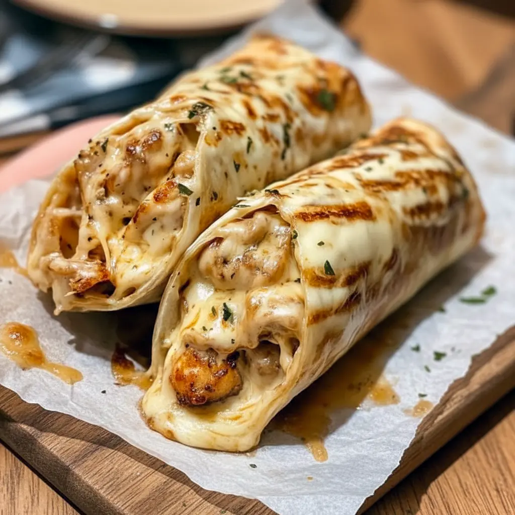 Close-up of Cheesy Garlic Chicken Wraps sliced open with melted cheese, garlic chicken filling, and golden crispy tortillas, styled as an easy Yummy Dinners idea.