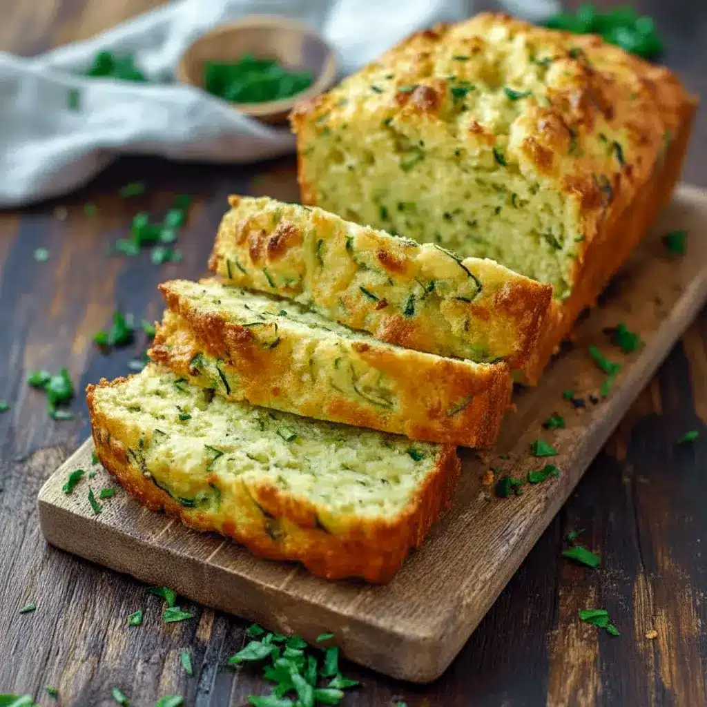 Slice of Zucchini Cheddar Bread on a wooden board, showing gooey cheddar and flecks of green zucchini.