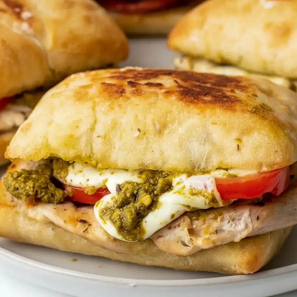 Chicken Pesto Sandwich on toasted ciabatta with juicy chicken, melted mozzarella, tomato slices, and pesto for a quick Healthy Chicken Sandwich Recipes style dinner.