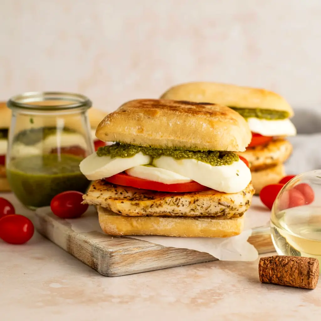 Chicken Pesto Sandwich on toasted ciabatta with juicy chicken, melted mozzarella, tomato slices, and pesto for a quick Healthy Chicken Sandwich Recipes style dinner.