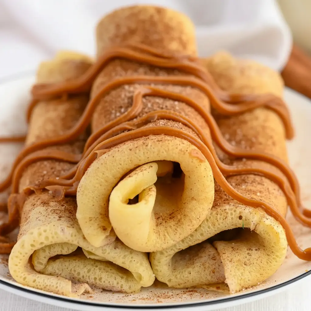 Plate of Cinnamon Roll Protein Crepes rolled and dusted with cinnamon, showing the creamy filling — a tasty example of Super Simple High Protein Meals.
