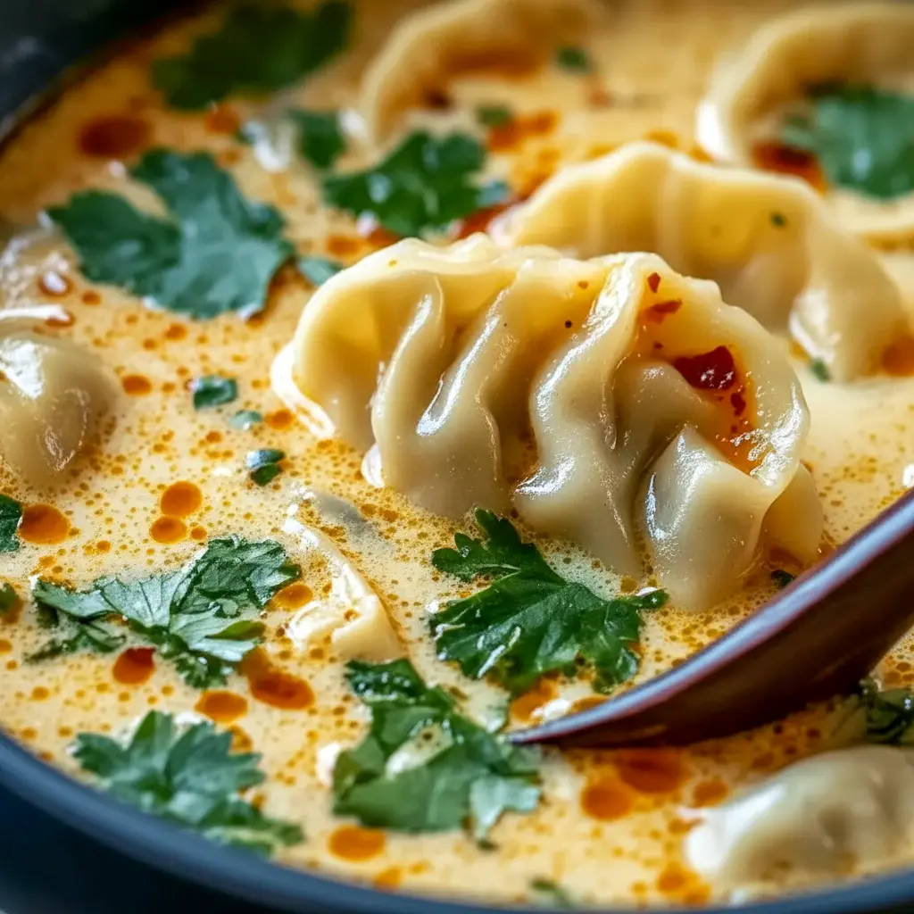 Warm bowl of Thai Potsticker Soup with tender dumplings, cilantro, and scallions in a creamy broth — a comforting Asian Soup shot.