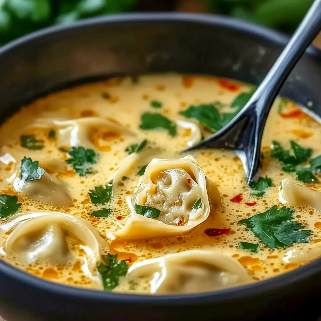 Warm bowl of Thai Potsticker Soup with tender dumplings, cilantro, and scallions in a creamy broth — a comforting Asian Soup shot.