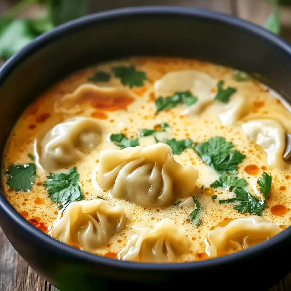 Warm bowl of Thai Potsticker Soup with tender dumplings, cilantro, and scallions in a creamy broth — a comforting Asian Soup shot.