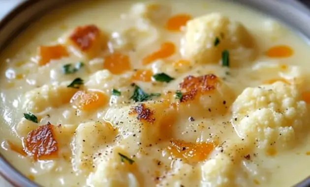 Bowl of Creamy Cheddar Cauliflower and Roasted Garlic Soup topped with chopped chives, with a slice of crusty bread on the side.