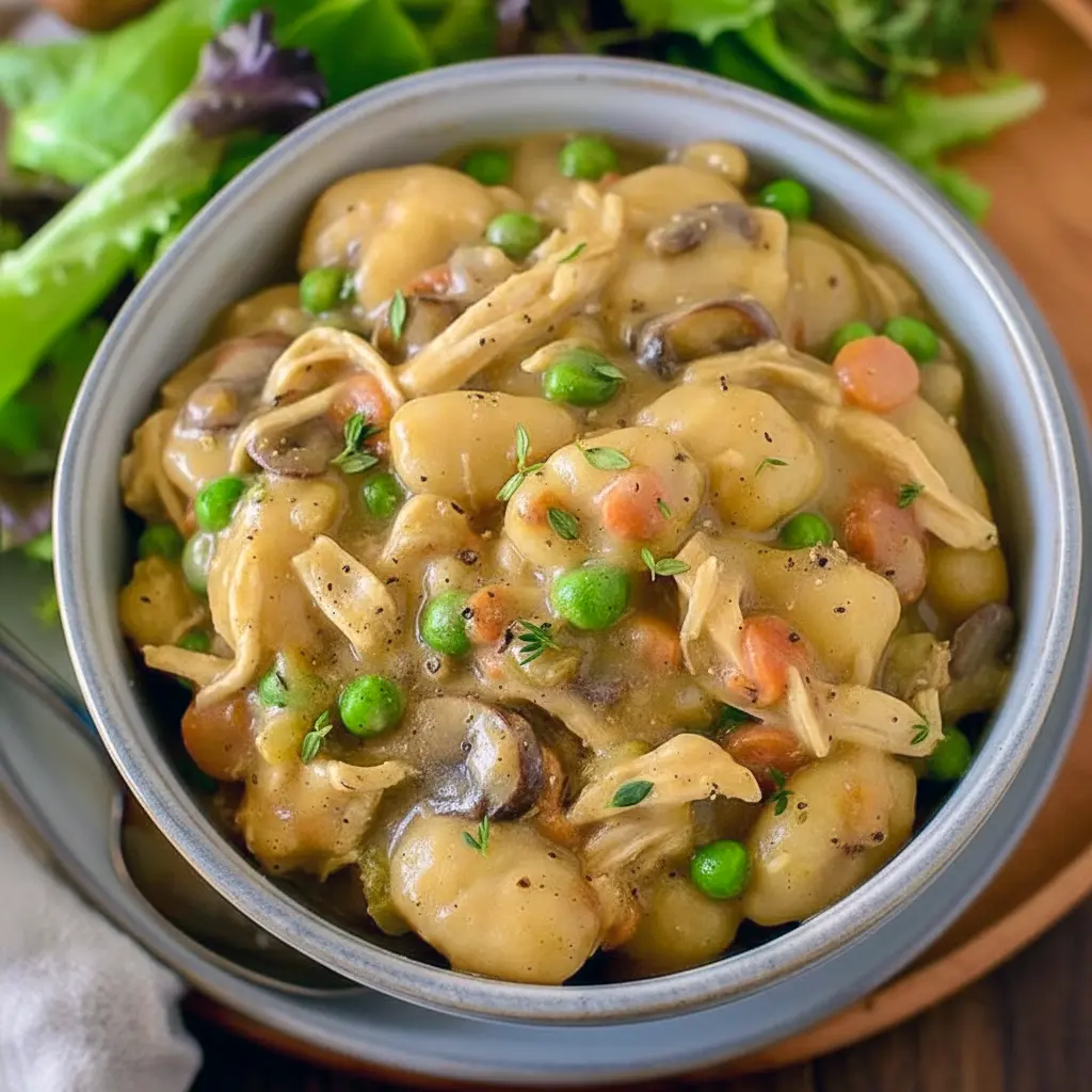 Steaming bowl of One Pot Gnocchi Chicken Pot Pie with creamy sauce, chicken, peas, carrots, and pillowy gnocchi — a cozy Soft Foods Dinner and comforting Supper Tonight idea.