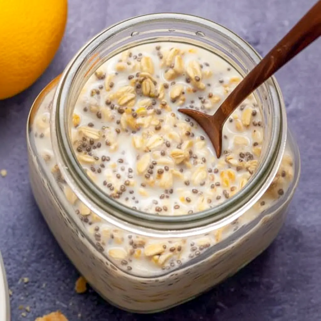 Lemon Cheesecake Overnight Oats in a jar, creamy and pale yellow, topped with lemon zest and fresh berries — a ready-to-eat Creamy Lemon Overnight Oats breakfast.