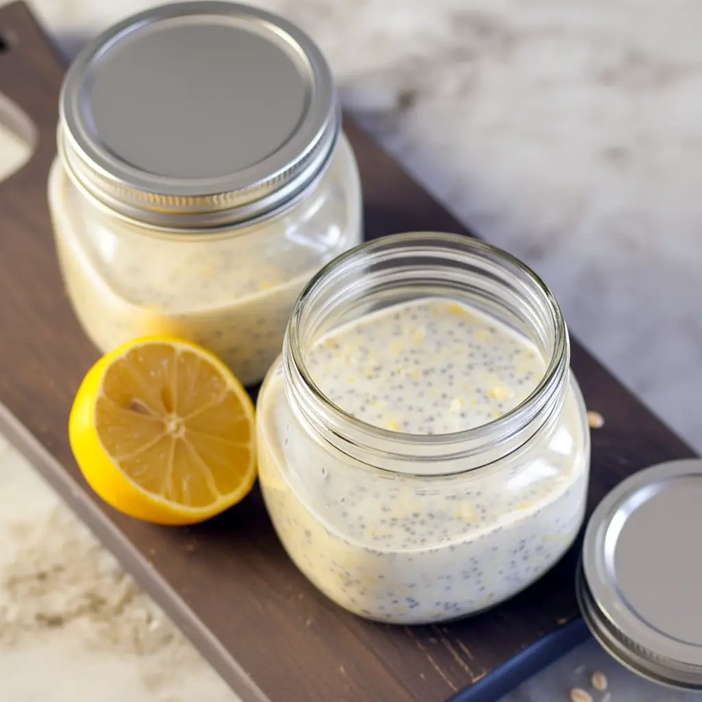 Lemon Cheesecake Overnight Oats in a jar, creamy and pale yellow, topped with lemon zest and fresh berries — a ready-to-eat Creamy Lemon Overnight Oats breakfast.