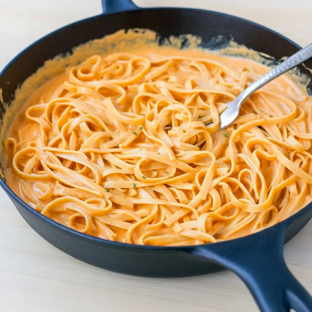 Plate of Red Pepper Alfredo Pasta — creamy red sauce coating fettuccine with a basil garnish, close-up overhead shot.