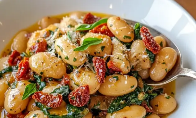 Skillet of creamy Tuscan Butter Beans with wilted spinach and sun-dried tomatoes — rustic Butter Beans Recipe served as a tasty Vegetable Side Dishes option.