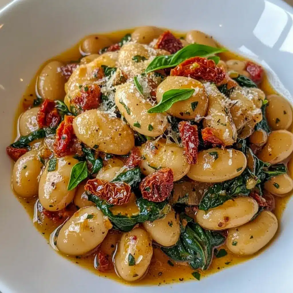 Skillet of creamy Tuscan Butter Beans with wilted spinach and sun-dried tomatoes — rustic Butter Beans Recipe served as a tasty Vegetable Side Dishes option.