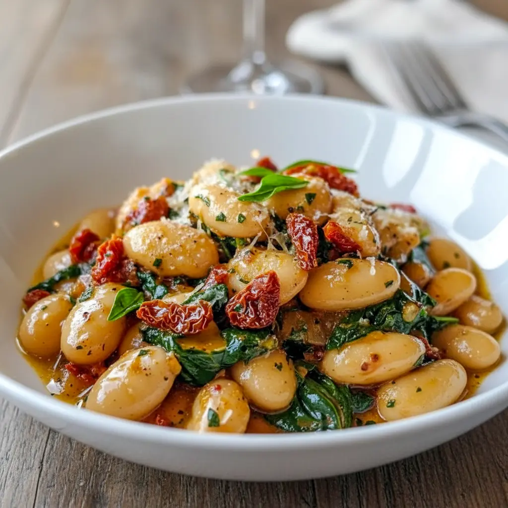 Skillet of creamy Tuscan Butter Beans with wilted spinach and sun-dried tomatoes — rustic Butter Beans Recipe served as a tasty Vegetable Side Dishes option.