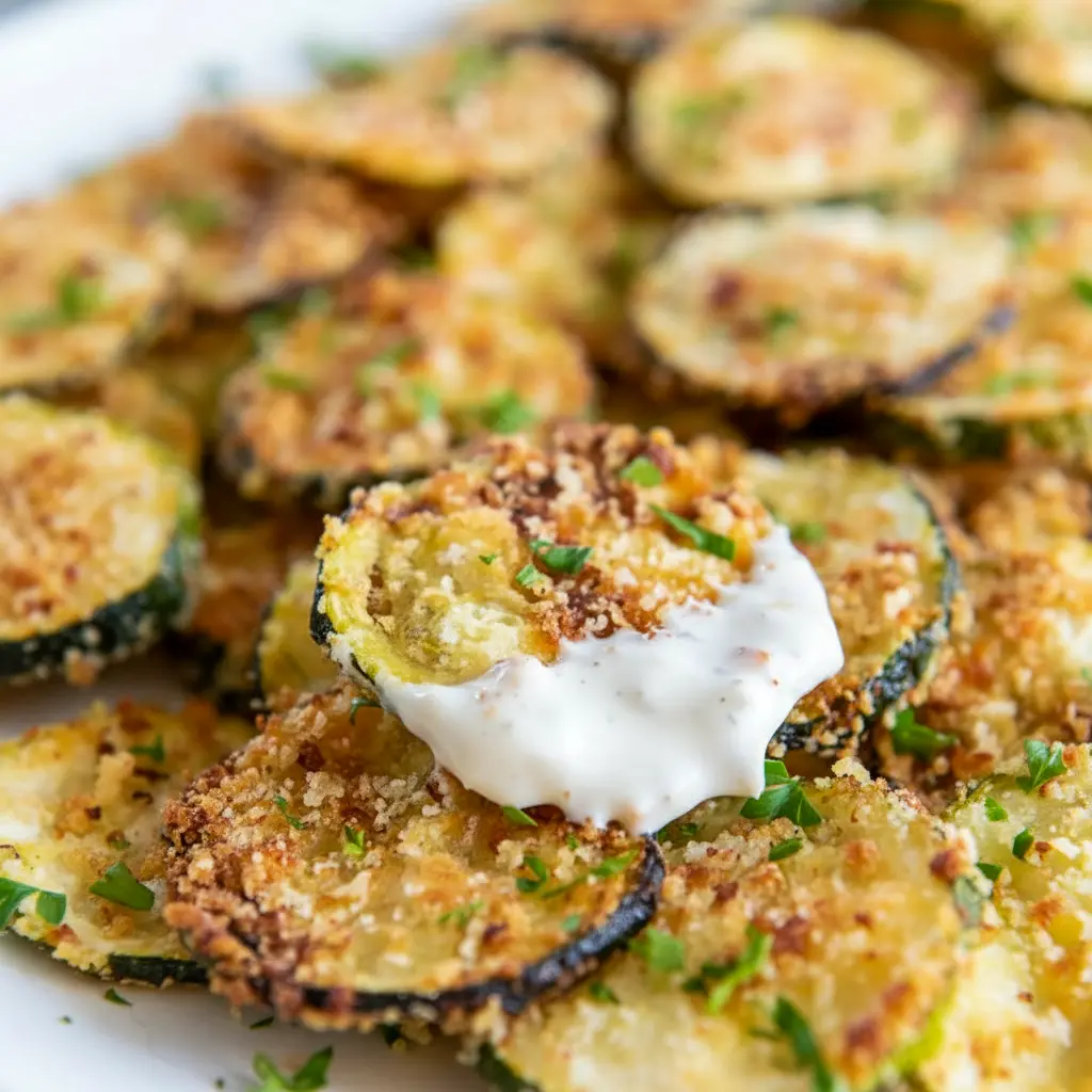 A plate of Crispy Baked Zucchini Chips with a crunchy golden coating, served as Healthy Baked Zucchini Snack with dipping sauce on the side.