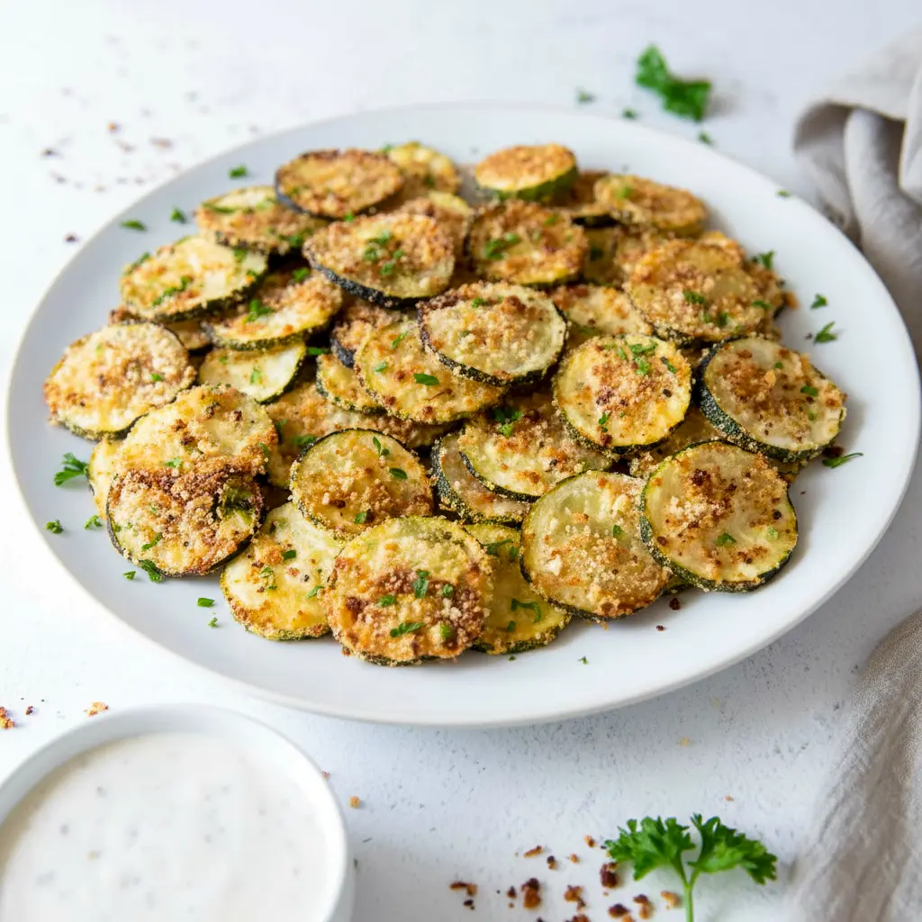 A plate of Crispy Baked Zucchini Chips with a crunchy golden coating, served as Healthy Baked Zucchini Snack with dipping sauce on the side.