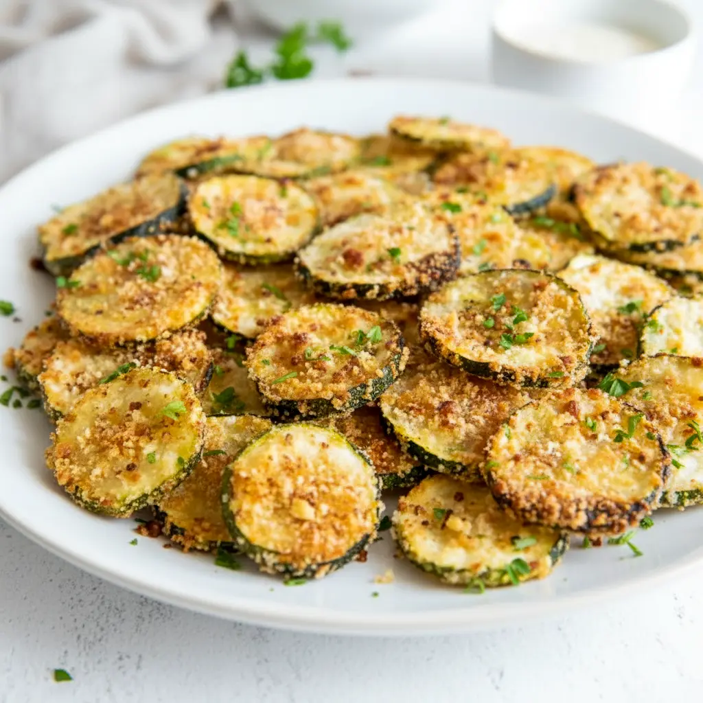A plate of Crispy Baked Zucchini Chips with a crunchy golden coating, served as Healthy Baked Zucchini Snack with dipping sauce on the side.