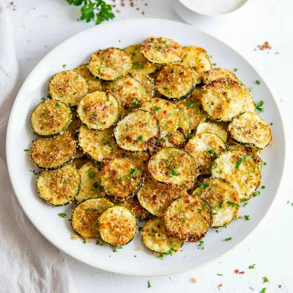 A plate of Crispy Baked Zucchini Chips with a crunchy golden coating, served as Healthy Baked Zucchini Snack with dipping sauce on the side.