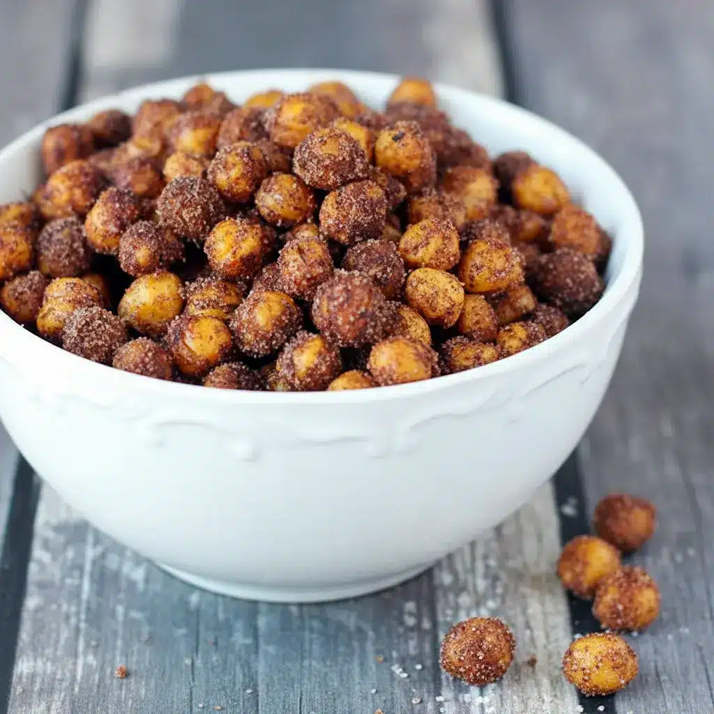 Cinnamon Roasted Chickpeas — golden, crispy chickpeas coated in cinnamon sugar and served in a rustic bowl; a close-up of Cinnamon Sugar Chickpeas ready to snack.