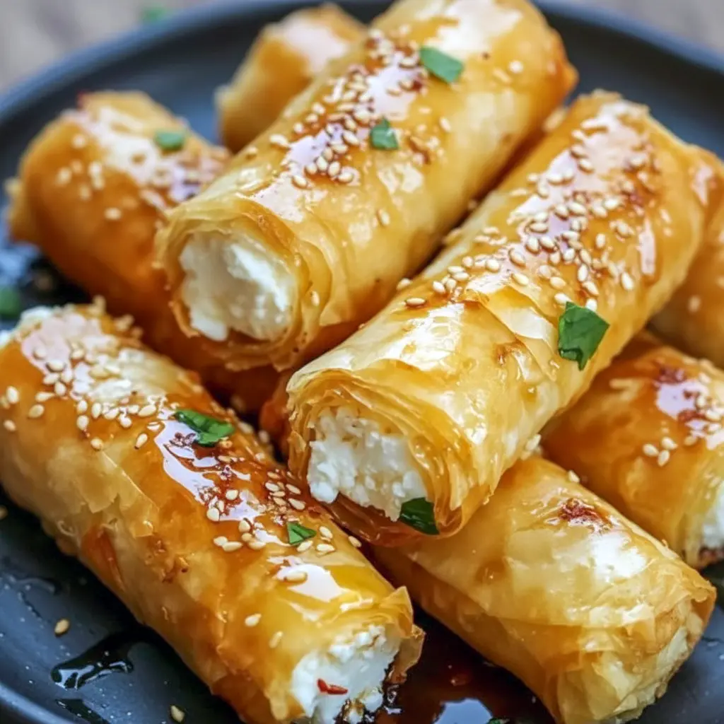 Oven Fried Feta Rolls With Chili Honey on a wooden board — golden, flaky rolls drizzled with sticky chili honey, a perfect Flaky Chili Honey Feta Rolls Appetizer.
