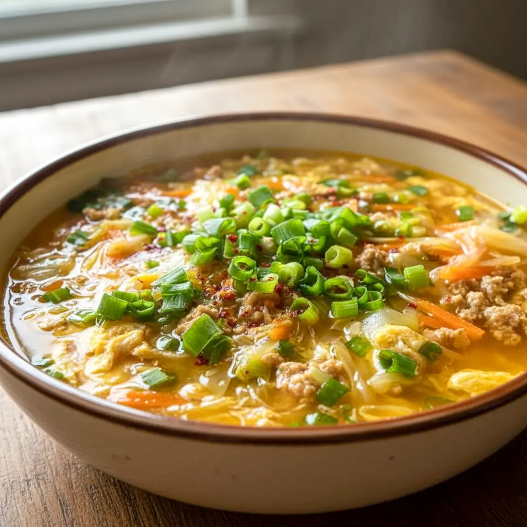 Steaming bowl of Egg Roll Soup with ground pork, shredded cabbage, carrots, and sliced green onions, ready to serve.