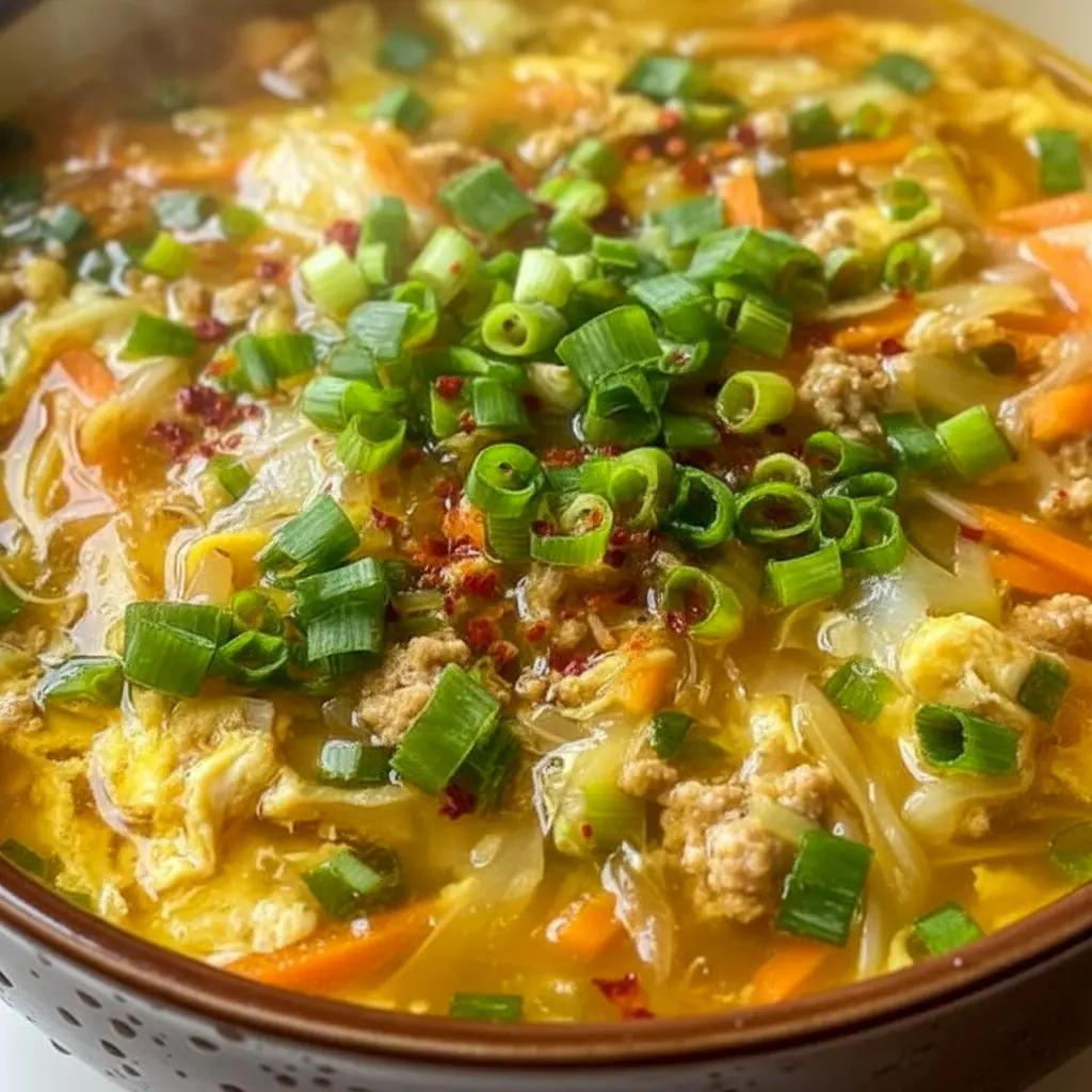 Steaming bowl of Egg Roll Soup with ground pork, shredded cabbage, carrots, and sliced green onions, ready to serve.