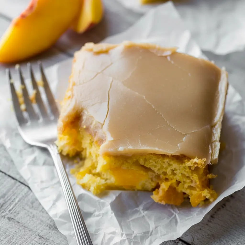 Brown Sugar Peach Cake in a 9x13 pan with tender yellow cake, fresh peach pieces, and a glossy brown sugar frosting on top.
