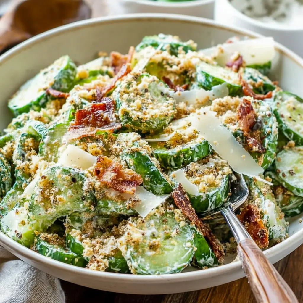 Cucumber Caesar Salad: thin cucumber rounds coated in creamy Caesar dressing, topped with golden croutons and grated Parmesan.
