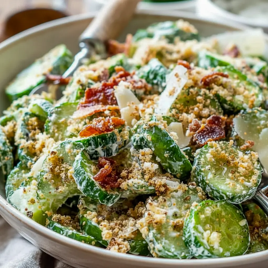 Cucumber Caesar Salad: thin cucumber rounds coated in creamy Caesar dressing, topped with golden croutons and grated Parmesan.