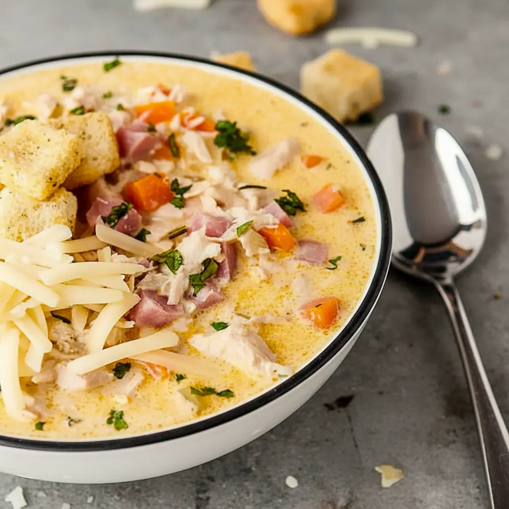 Bowl of Chicken Cordon Bleu Soup with shredded Swiss on top, tender chicken and ham pieces, and a scattering of golden croutons.