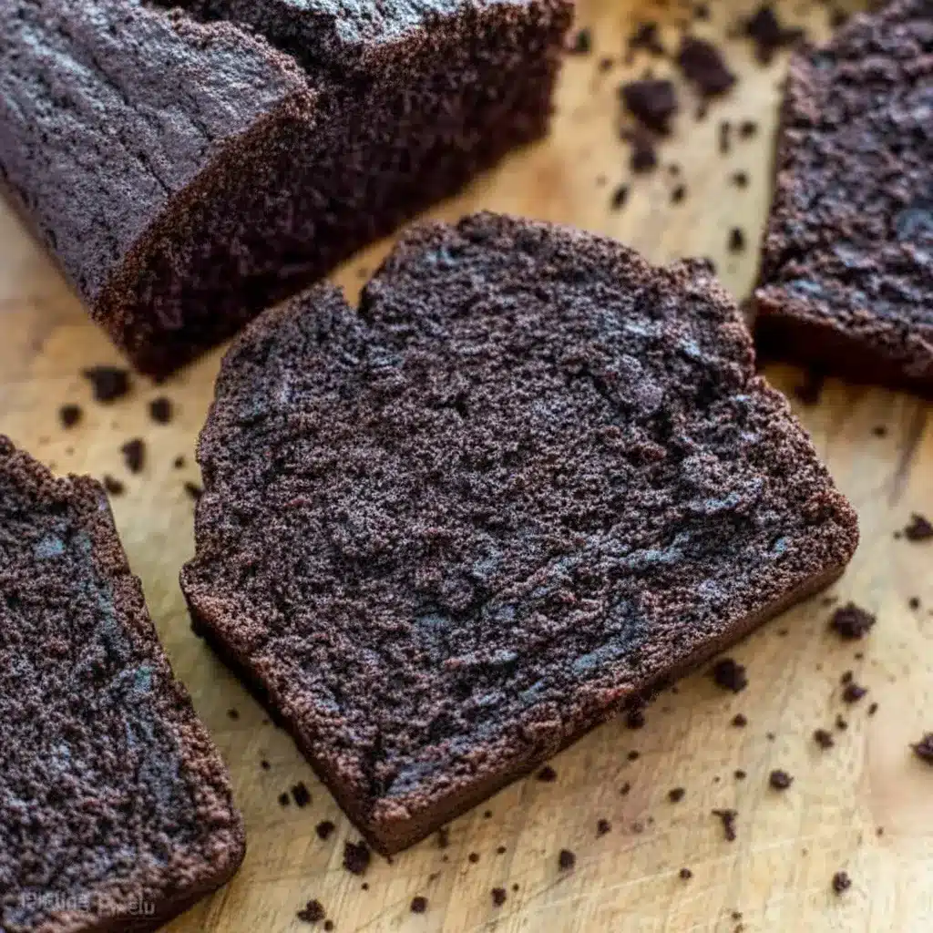 Dark Chocolate Mocha Breakfast Bread — sliced loaf with dark, tender crumb and melted chocolate chips, served on a wooden board.