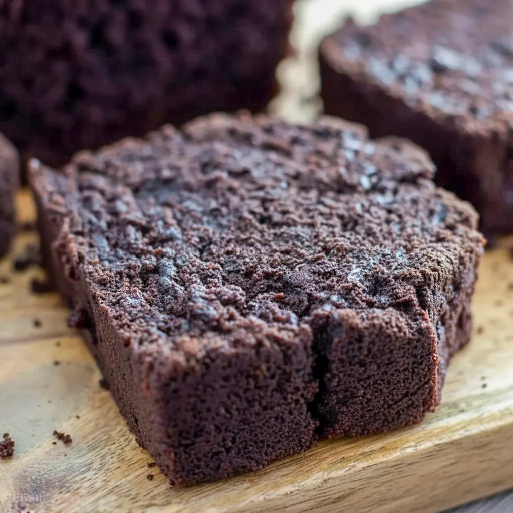 Dark Chocolate Mocha Breakfast Bread — sliced loaf with dark, tender crumb and melted chocolate chips, served on a wooden board.