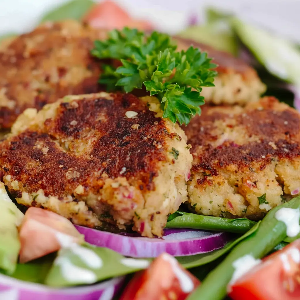 Close-up of golden Easy Falafel Recipe patties on a plate with pita, a bowl of tzatziki, and fresh parsley garnish.