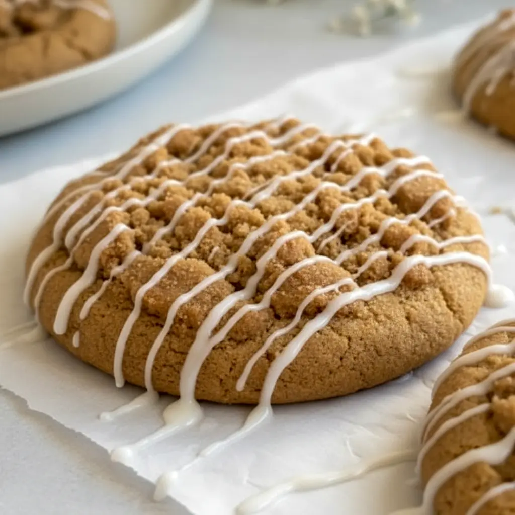 A close-up of Gilmore Girls Coffee Cake Cookies with golden edges, a soft center, cinnamon streusel topping, and vanilla icing, styled like cozy Coffee Cookies on a parchment-lined baking tray.