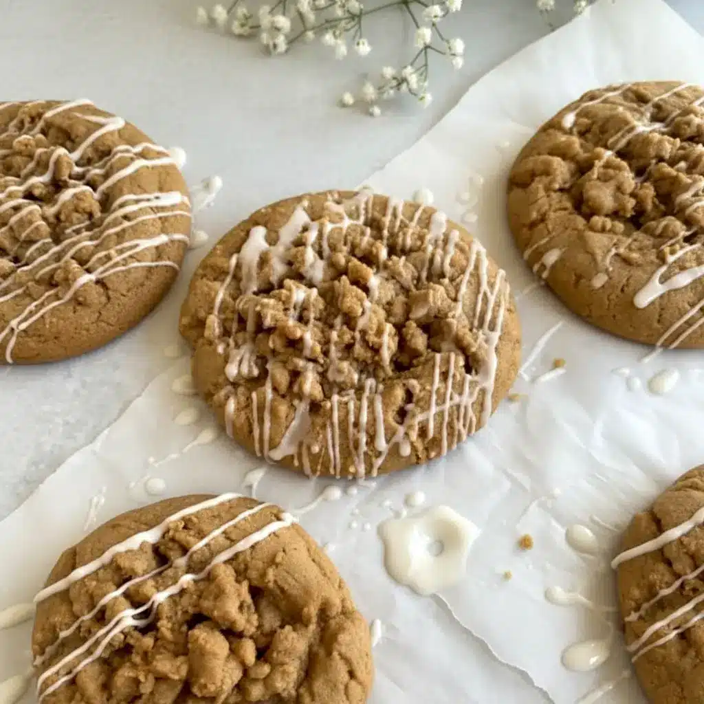 A close-up of Gilmore Girls Coffee Cake Cookies with golden edges, a soft center, cinnamon streusel topping, and vanilla icing, styled like cozy Coffee Cookies on a parchment-lined baking tray.