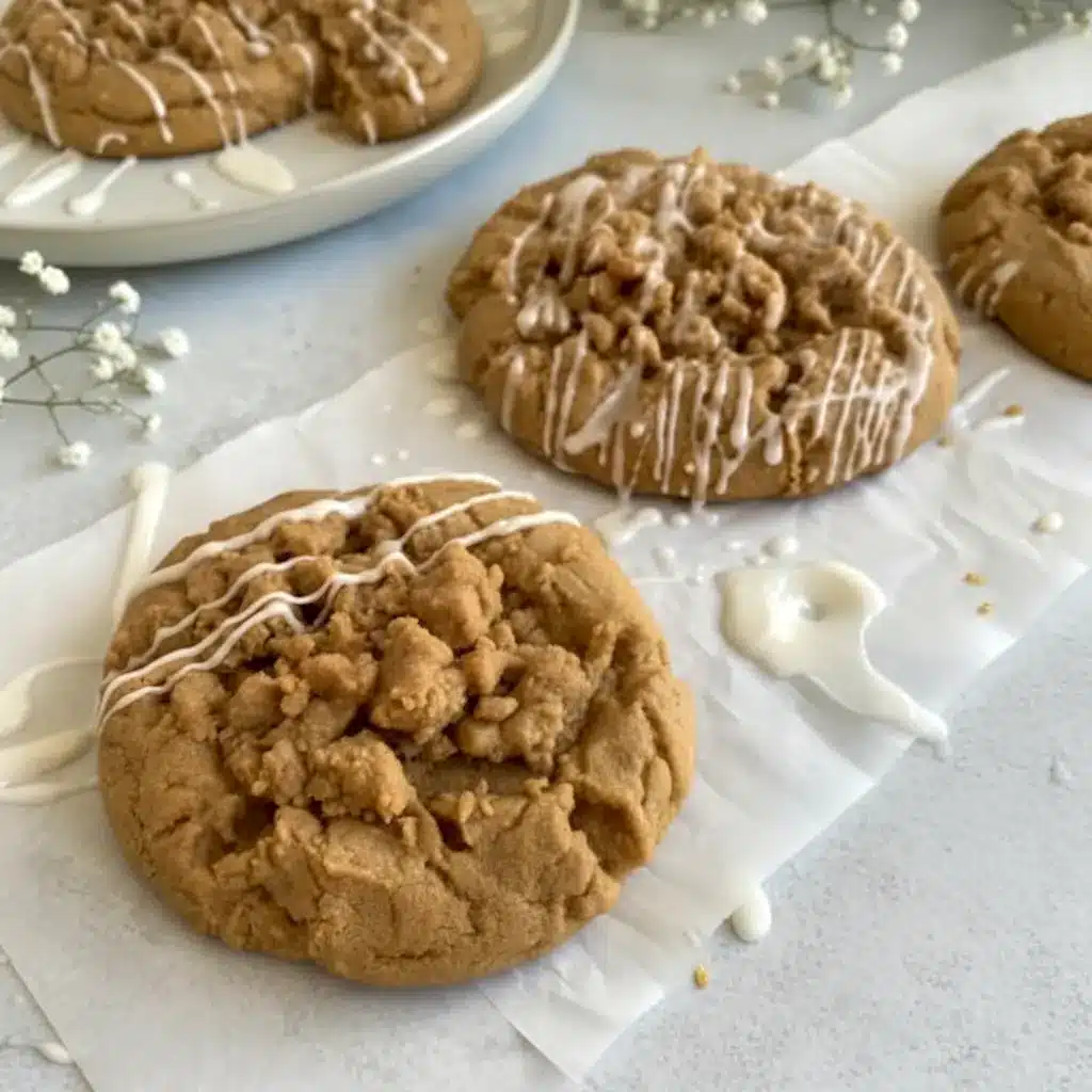 A close-up of Gilmore Girls Coffee Cake Cookies with golden edges, a soft center, cinnamon streusel topping, and vanilla icing, styled like cozy Coffee Cookies on a parchment-lined baking tray.