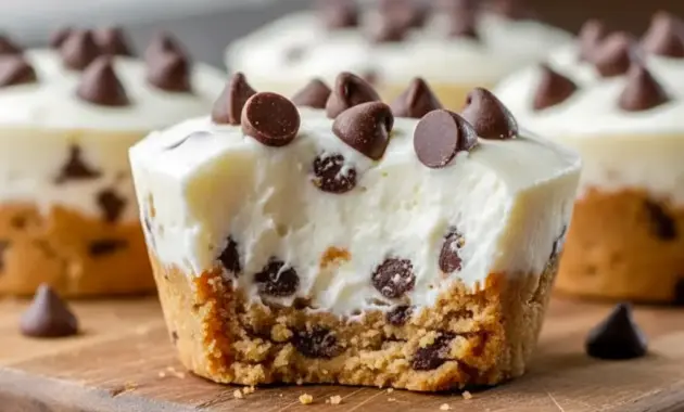 Close-up of chilled Cookie Dough Cups topped with creamy yogurt and mini chocolate chips — a ready-to-go High Protein Yogurt option and ideal Healthy Protein Snacks.