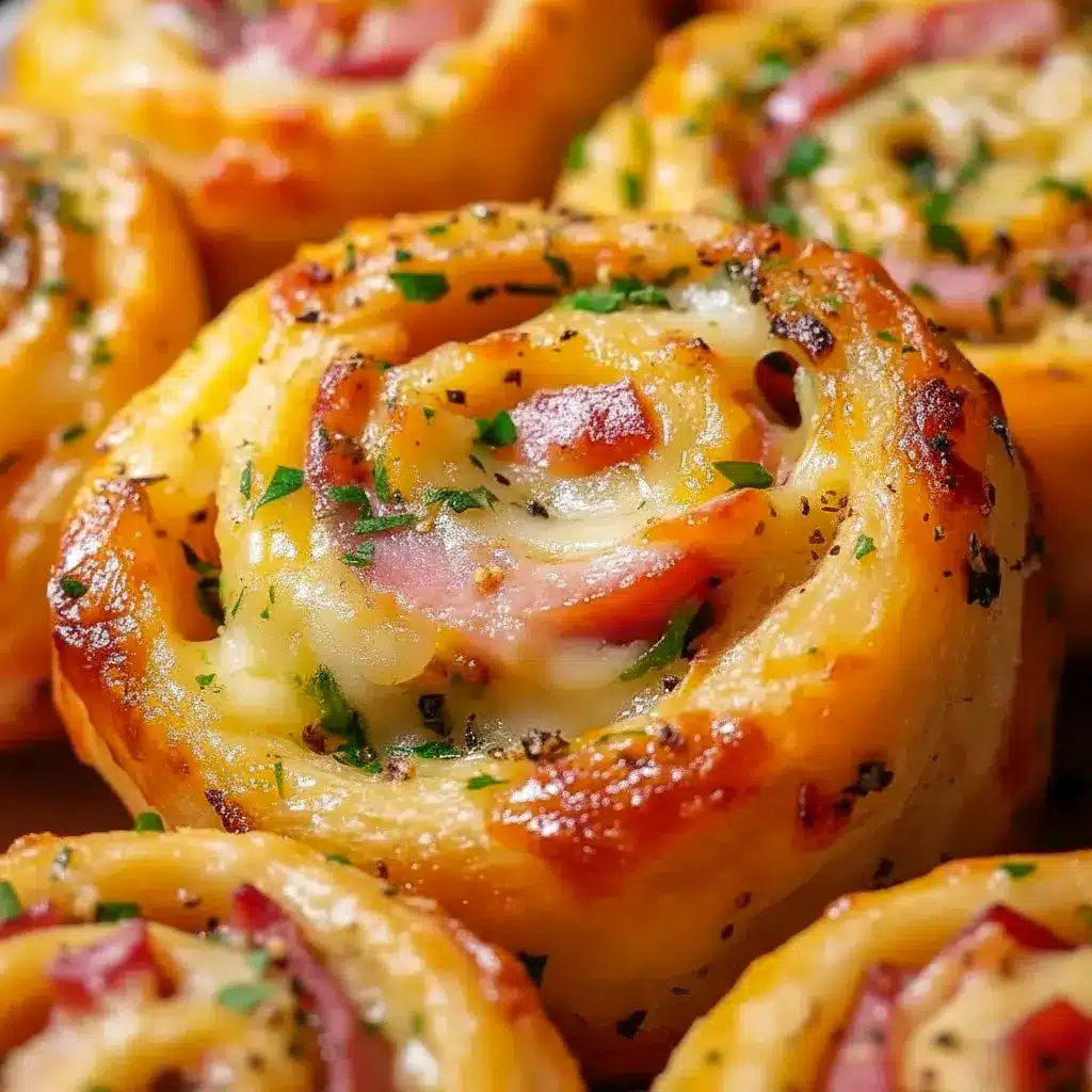 Golden Ham And Cheese pinwheels on a platter, flaky and savory — tasty Ham Appetizers for Easter or party spreads.